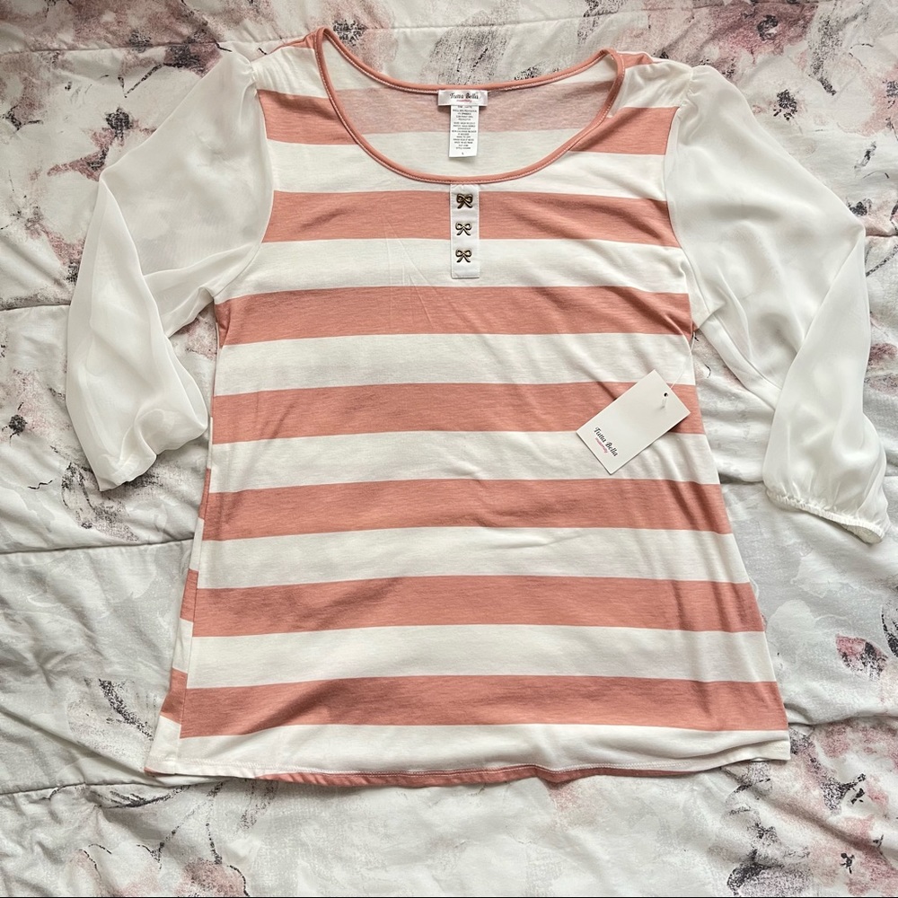 Tutta bella | maternity stripe bow sheer sleeve top | Pink & White